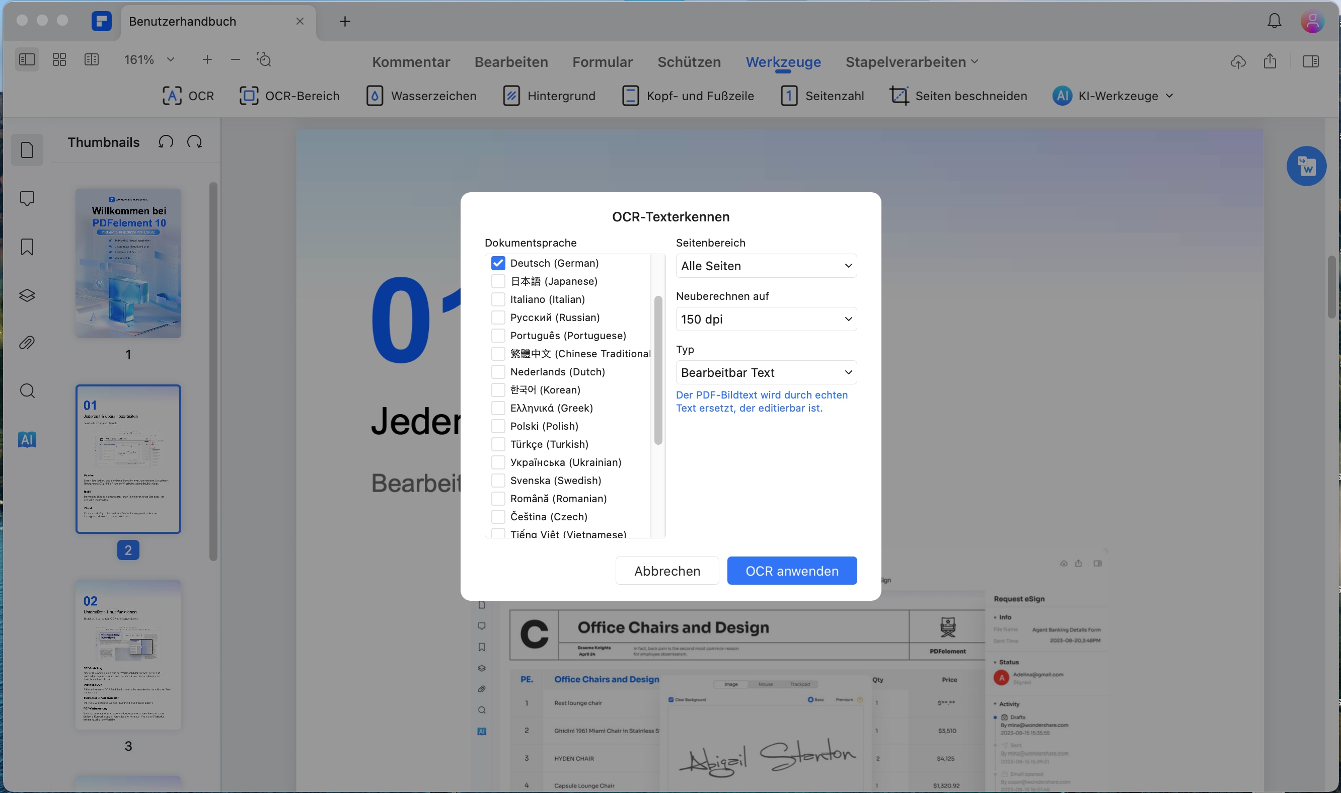 In dem Popup-Fenster klicken Sie auf das Menü in der linken unteren Ecke. Wählen Sie die Option "Seitenbereich" und es wird ein neues Fenster erscheinen. In diesem neuen Fenster können Sie den Seitenbereich für OCR anpassen.