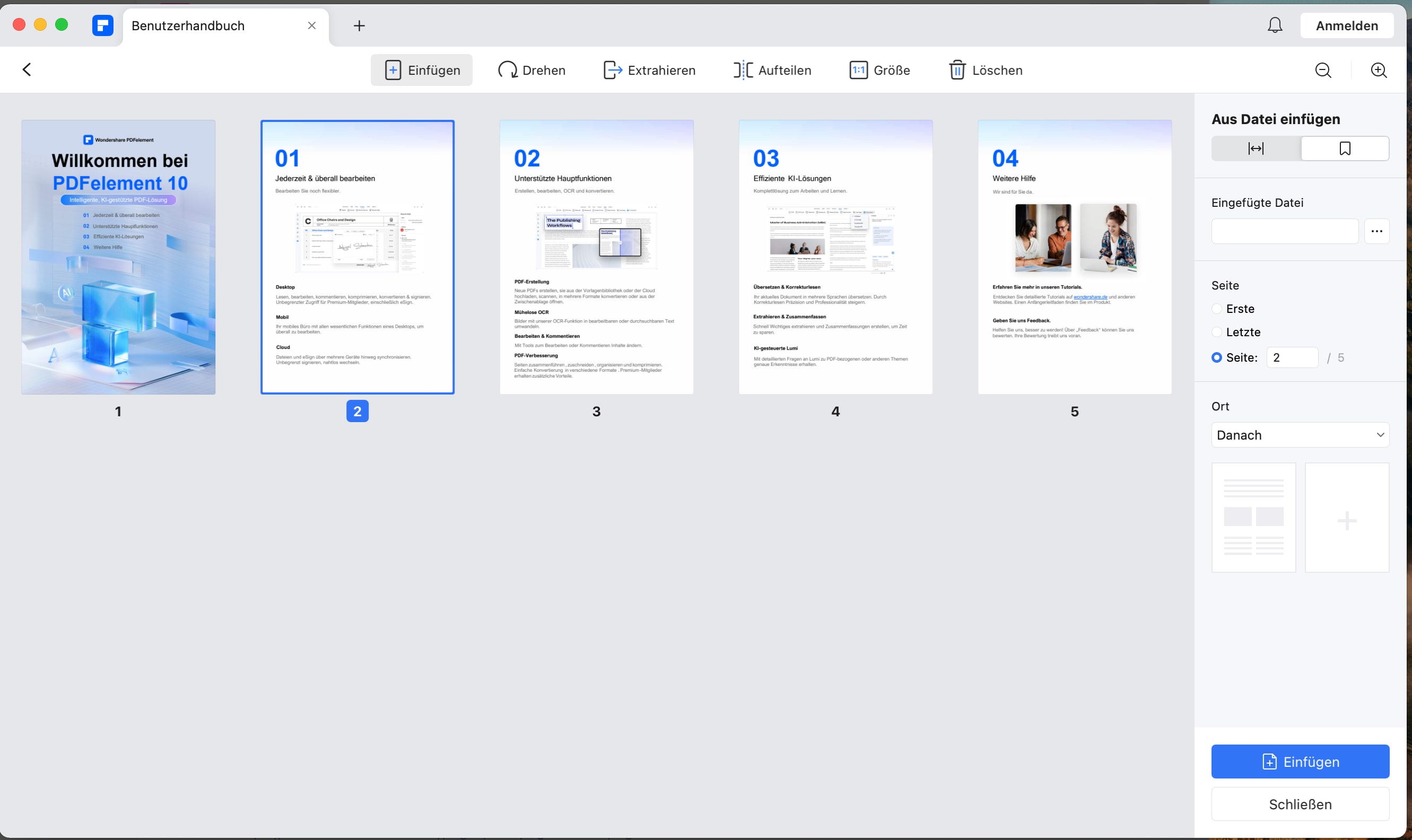 Sie können die Pages-Anwendung öffnen, um eine neue Datei zu erstellen, oder Ihr neu konvertiertes .pages-Dokument direkt öffnen. Wählen Sie die Option "Einfügen" > "Auswählen" im oberen Menü.