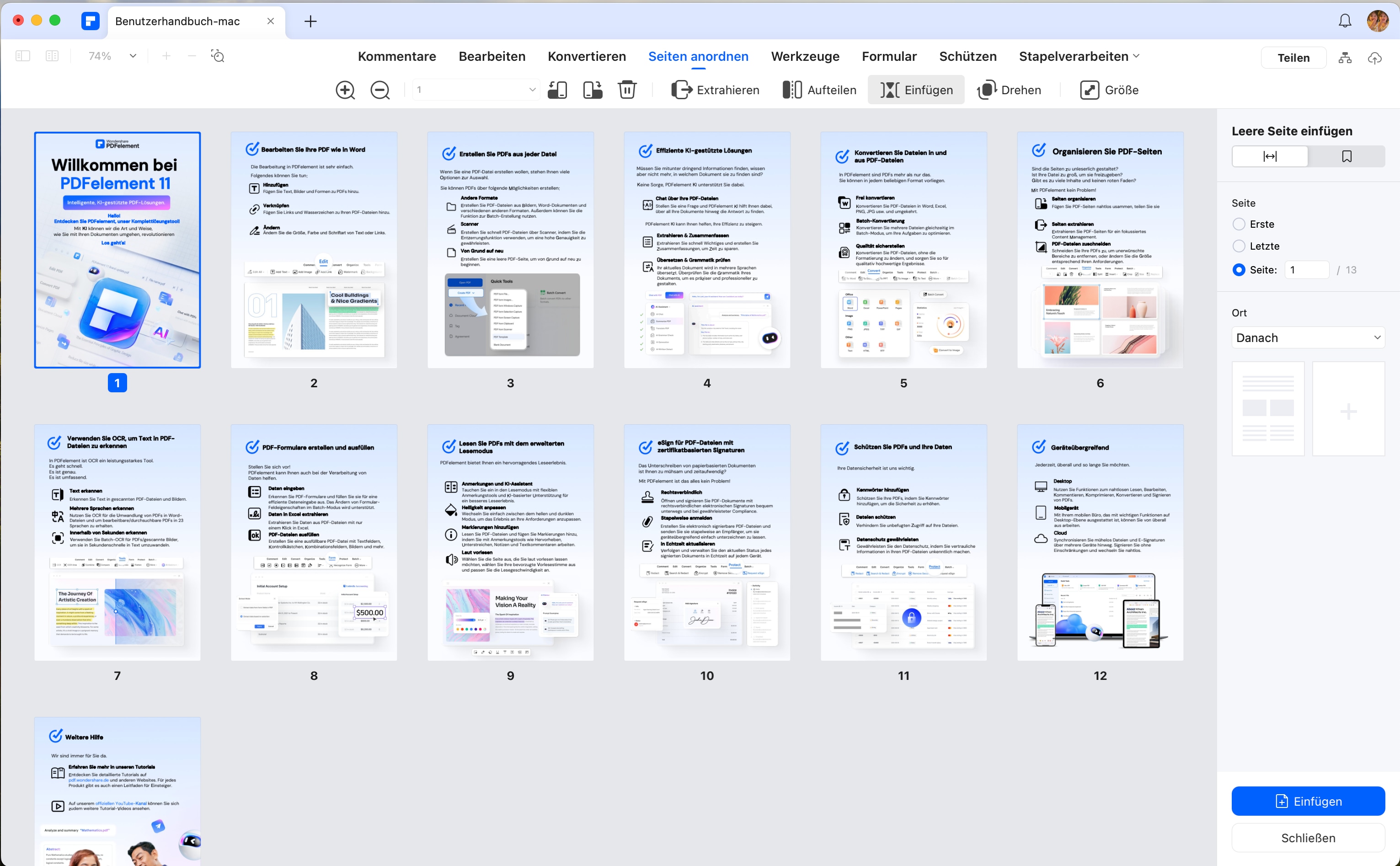 Sie müssen sich keine Gedanken darüber machen, welches PDF Sie auswählen müssen, um die Seite korrekt einzufügen, da Sie frei wählen können, ob Sie die Seite vorher oder nachher einfügen möchten.