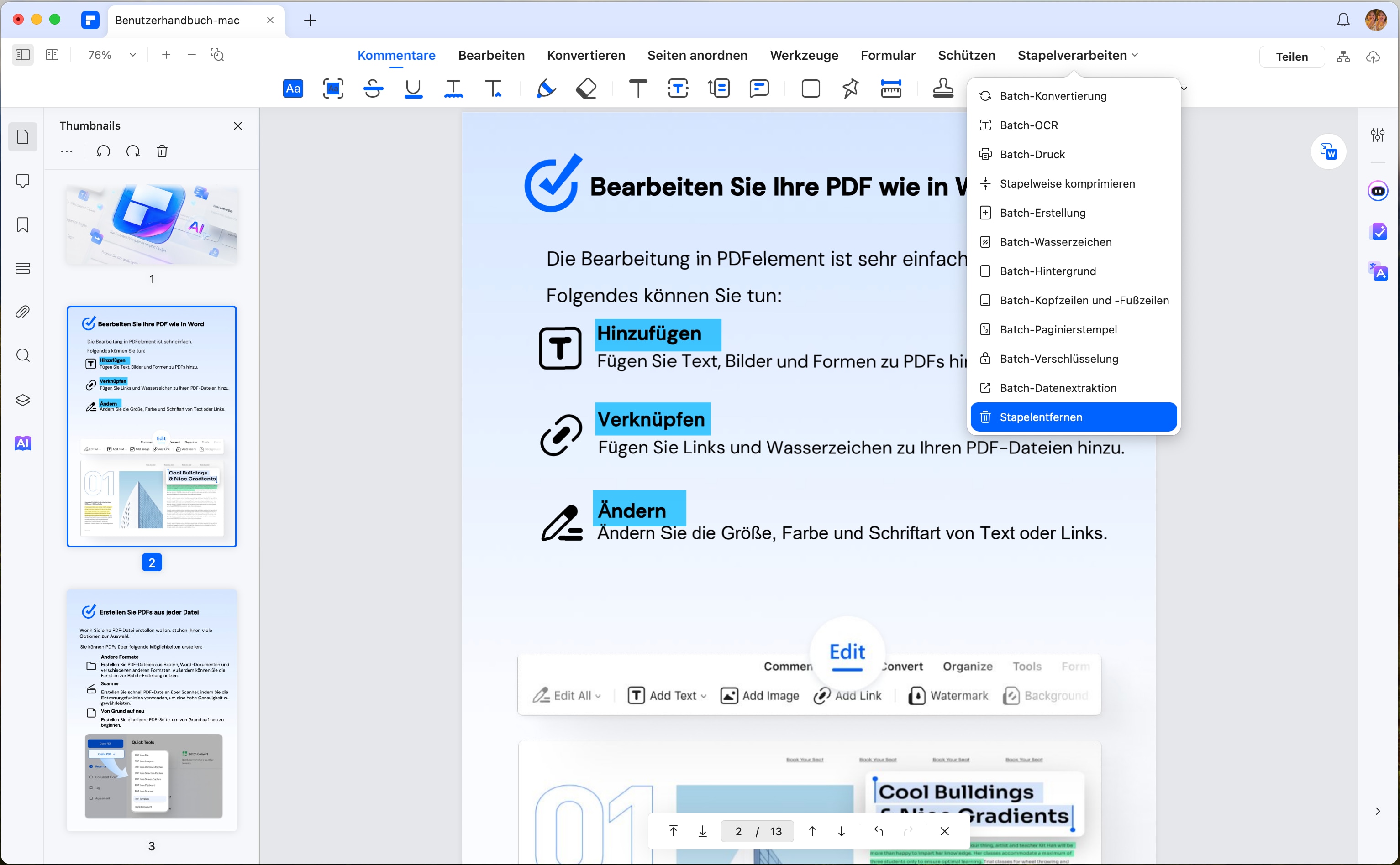 Starten Sie PDFelement für Mac und klicken Sie dann im oberen Menü auf Stapelverbearbeiten, Stapelentfernen.