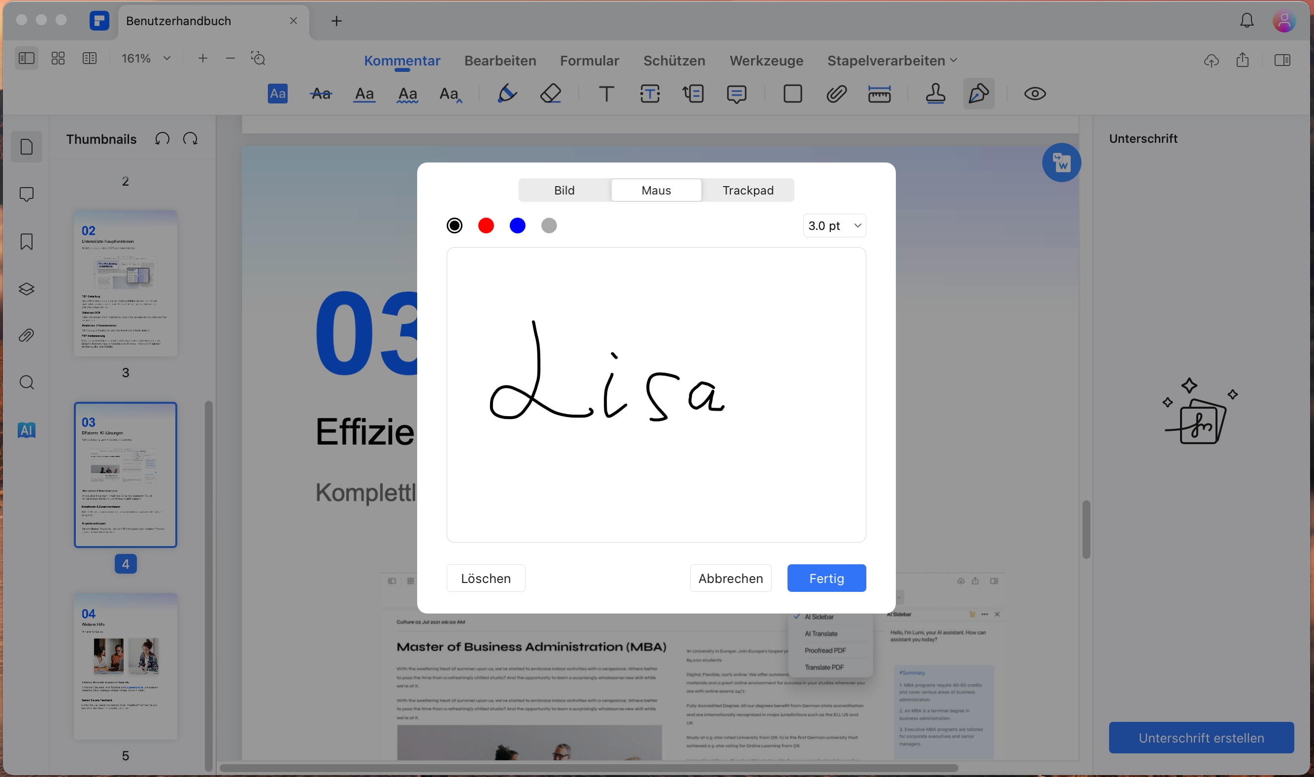 Sobald die PDF-Datei importiert wurde, müssen Sie auf den "Kommentar" Bereich klicken. Wählen Sie die "Signatur" Option aus dem Untermenü. Klicken Sie auf das "+" Symbol. Sie haben dann 4 Optionen zur Auswahl, wie im Fenster unten gezeigt.