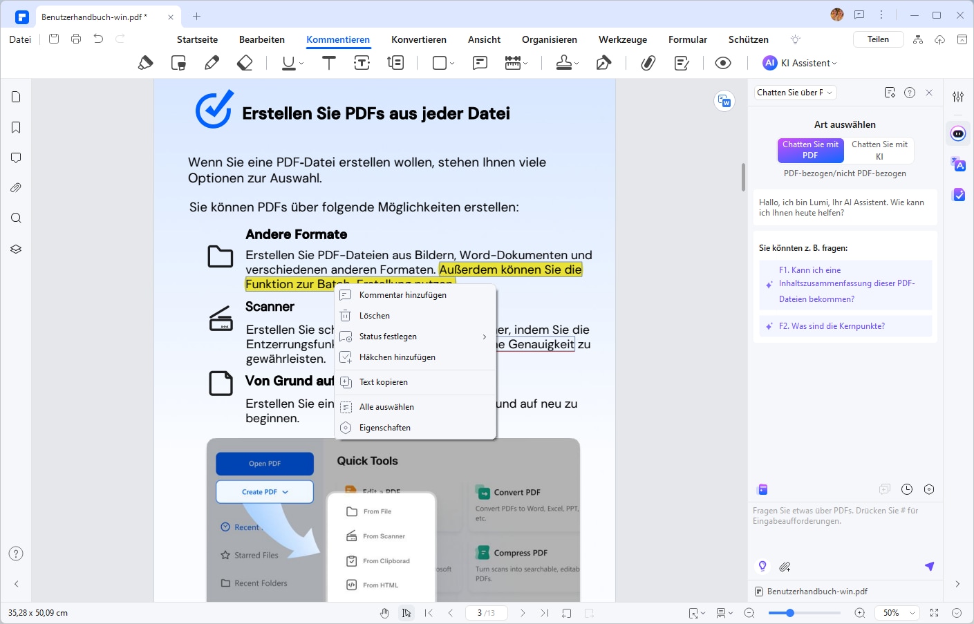 Öffnen Sie einfach eine PDF-Datei im Programm, klicken Sie auf Bearbeiten und wählen Sie den gelb hervorgehobenen Text aus und klicken Sie mit der rechten Maustaste auf Löschen, um ihn zu entfernen.