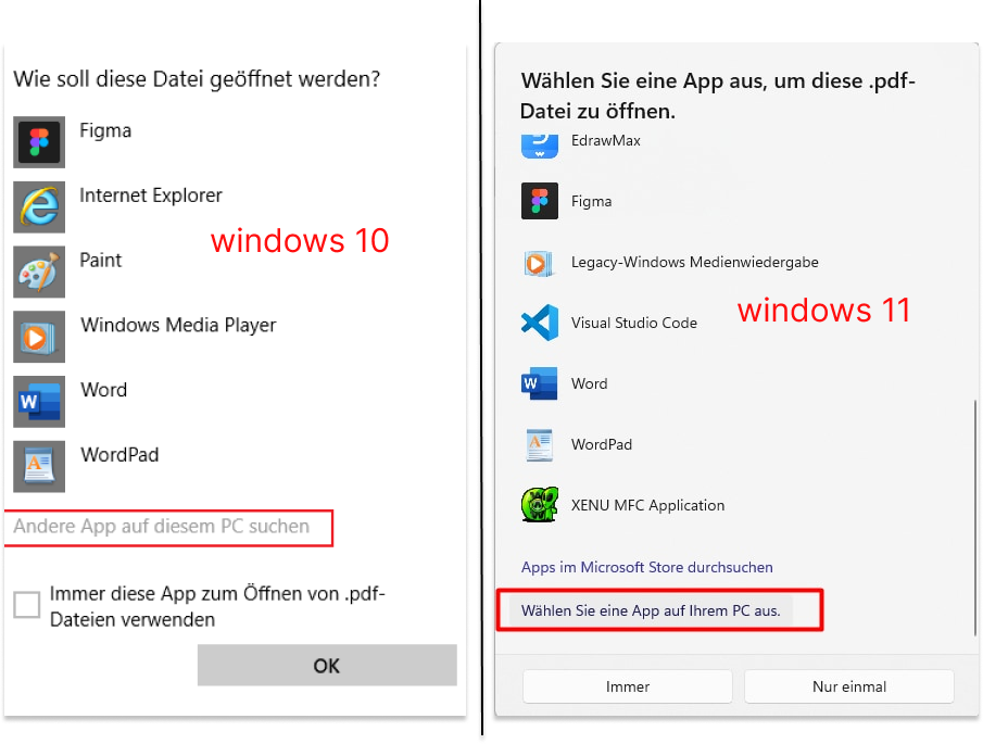 Scrollen Sie nach unten bis Sie „Andere App auf diesem PC suchen“ unter windows 10 oder „Wählen Sie eine App auf Ihrem PC aus“ unter windows 11 und klicken Sie darauf.