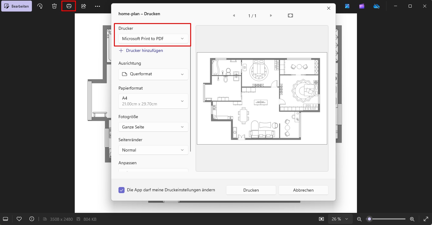 Klicken Sie nun auf das Druckersymbol oder geben Sie Strg + P ein und die Druckeroption öffnet sich. Wählen Sie die Option "Microsoft Print to PDF" aus dem Dropdown-Menü. Klicken Sie auf "Drucken", um die Datei zu speichern.