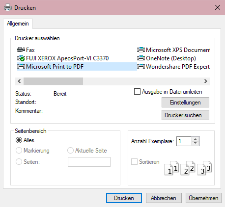 Wählen Sie "Microsoft Print to PDF" als Drucker aus und klicken Sie auf "Drucken".