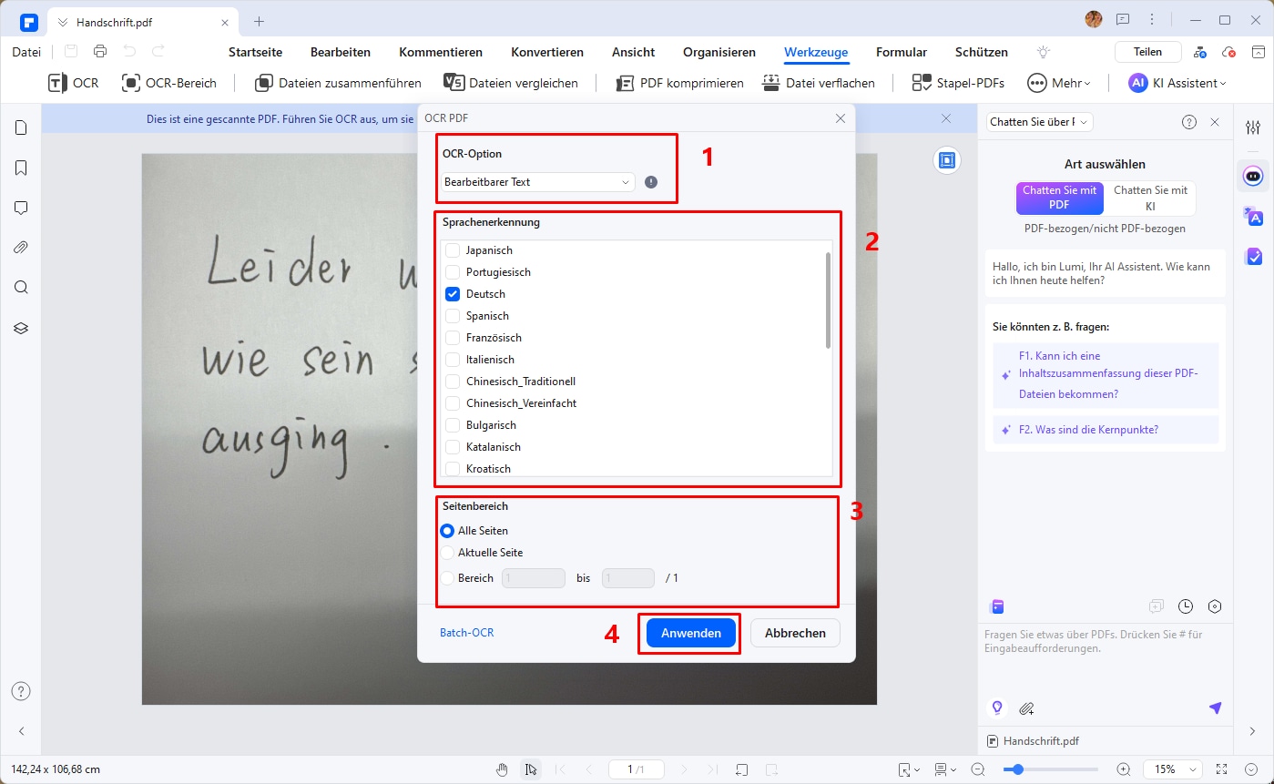 Nachdem Sie OCR gestartet haben, können Sie die Option „Bearbeitbaren Text“ auswählen, den OCR-Bereich auswählen und die Sprache Ihres handschriftlichen Inhalts auswählen, um OCR durchzuführen. Tippen Sie abschließend auf die Schaltfläche „Anwenden“.