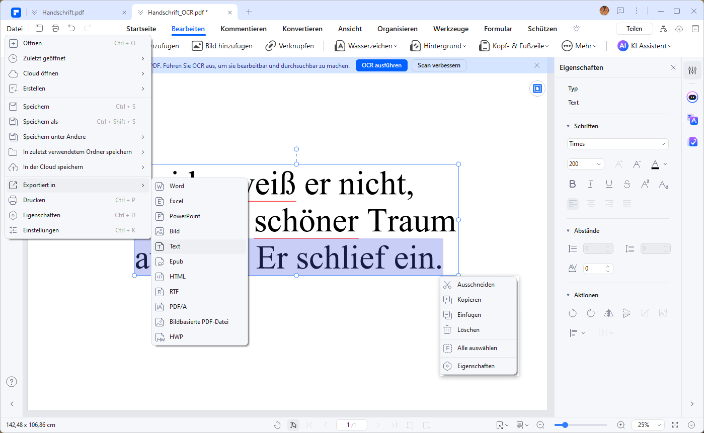 Nach der OCR-Erkennung wird der handschriftliche Text in digitalen Text umgewandelt, den Sie bearbeiten oder kopieren können. Sie können auch auf die Schaltfläche „Datei“ > „Exportieren in“ klicken, um den handschriftlichen Text in einem Dokument (Word, TXT usw.) zu speichern.