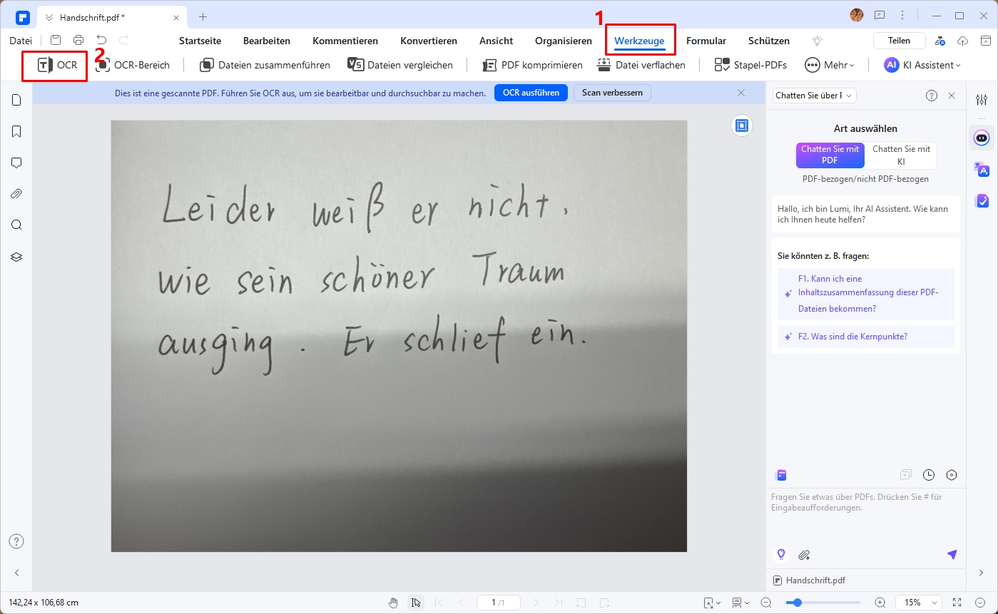 Sobald die Handschriftdatei geöffnet ist, klicken Sie auf „Werkzeuge“ > „OCR“, um das OCR-Dialogfenster zu öffnen. Wenn Sie das OCR-Tool noch nicht heruntergeladen haben, laden Sie es bitte zuerst herunter.