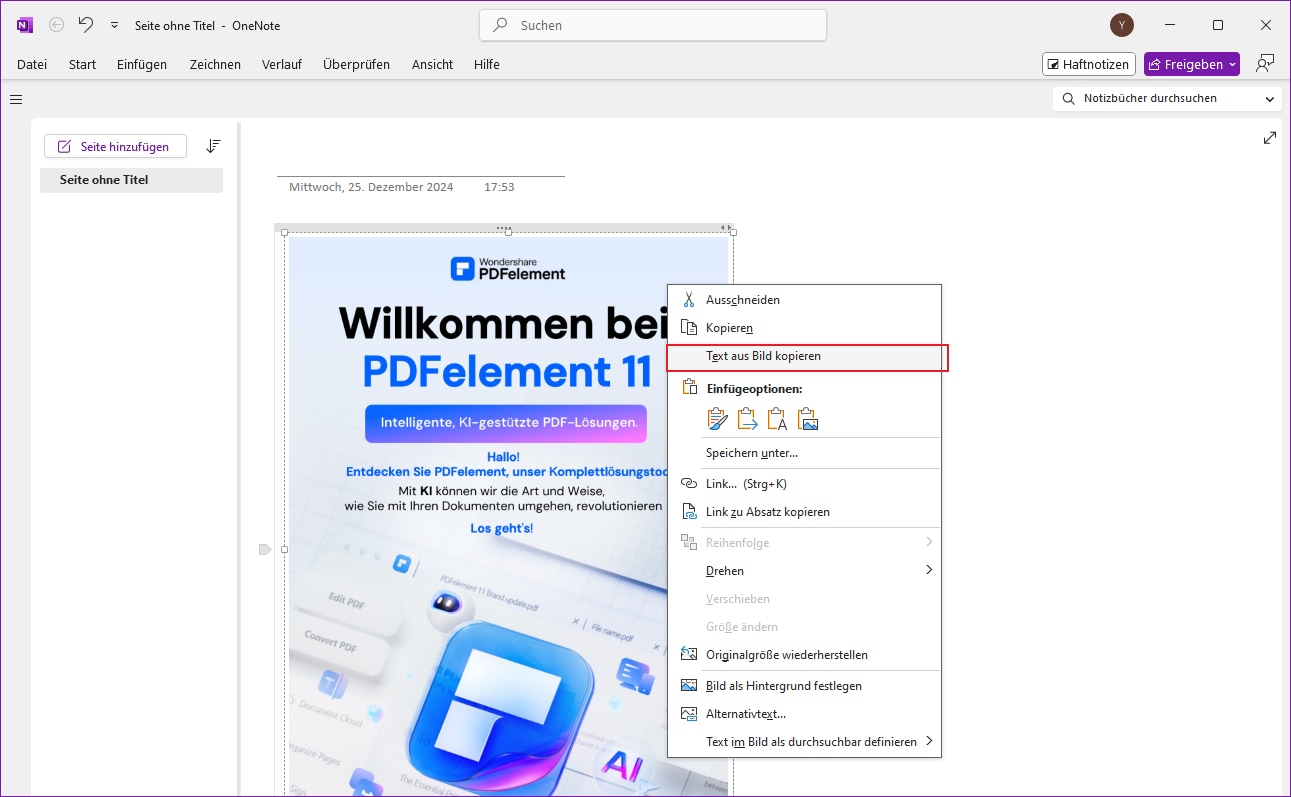 Klicken Sie mit der rechten Maustaste auf das eingefügte Bild oder die Datei und wählen Sie Text aus dem Bild kopieren.