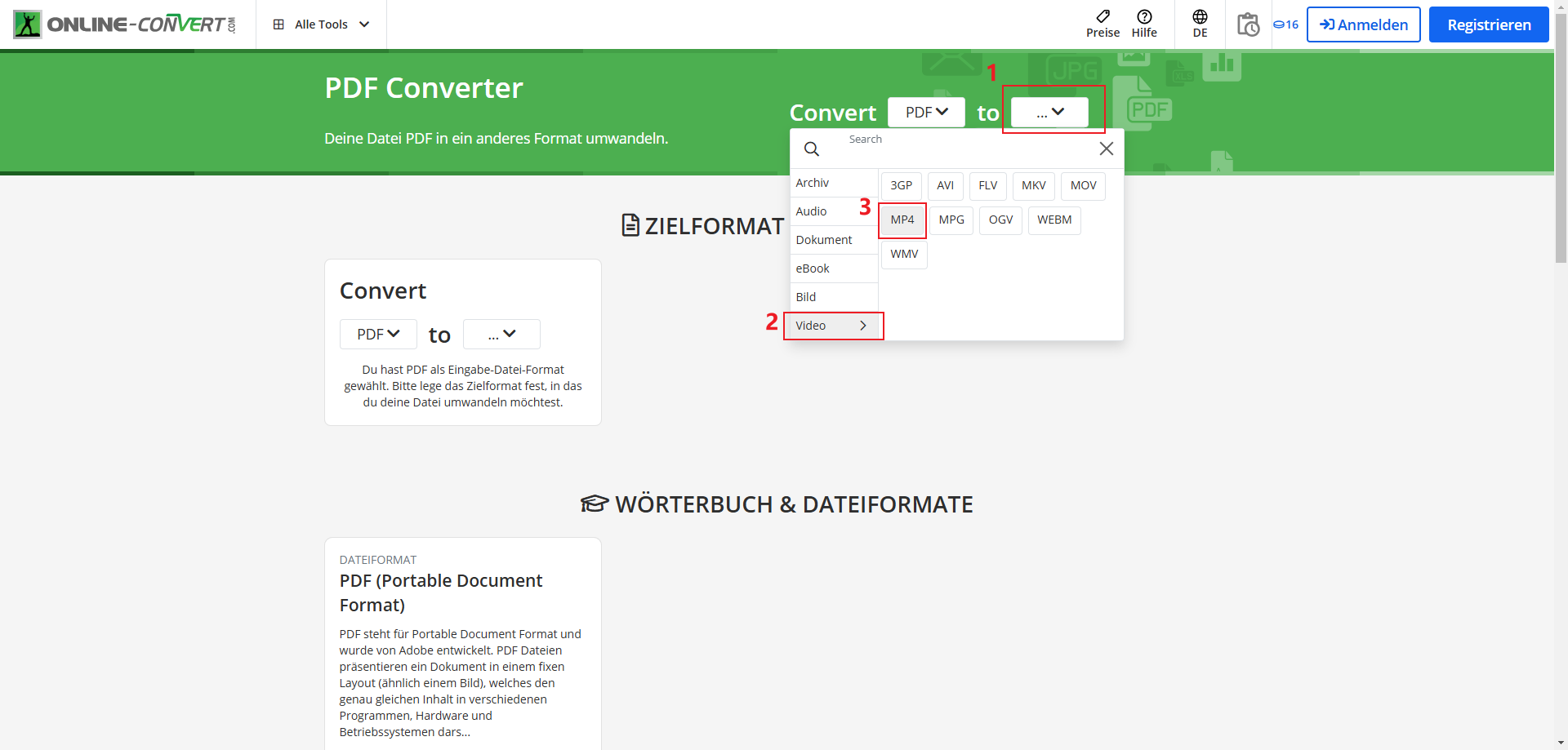 Nachdem Sie automatisch zur PDF-Konverter-Seite gesprungen sind, wählen Sie oben rechts nach „to“ „Video“, „MP4“.