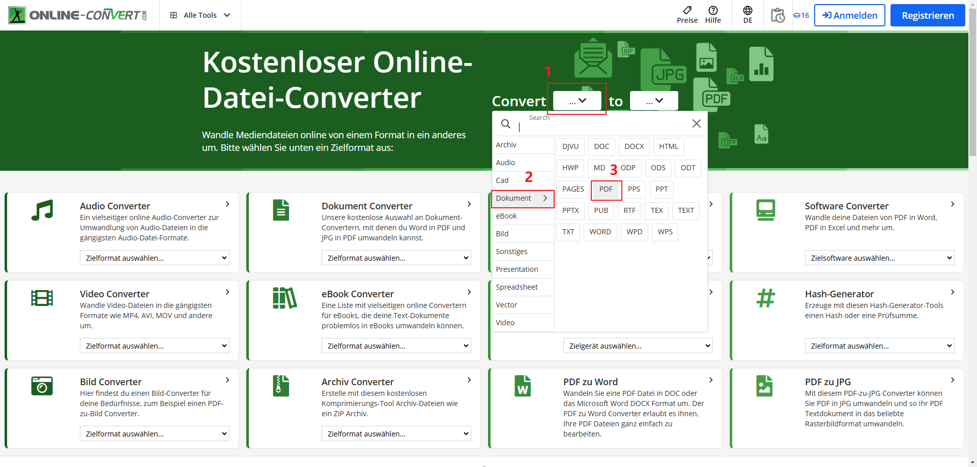 Wählen Sie oben rechts auf dem Bildschirm in der Spalte „Konvertieren“ „Dokument“, „PDF“.