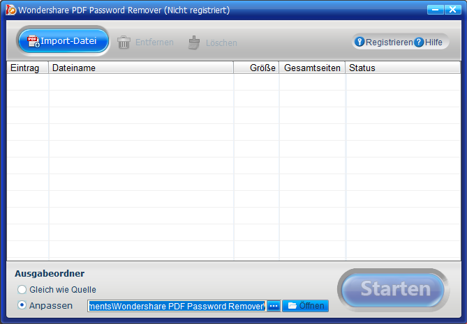Nachdem Sie den PDF Password Remover gestartet haben, klicken Sie auf die Schaltfläche "Import-Datei", um die passwortgeschützte PDF-Datei zu laden, auf die Sie zugreifen möchten. Mit der Stapelfunktion können Sie mehrere Dateien auf einmal verarbeiten.