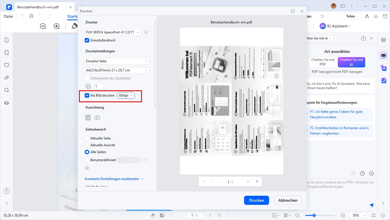 Klicken Sie auf die "Drucken" Schaltfläche, um das PDF zu drucken. Das heißt, nachdem Sie den richtigen Drucker und die Anzahl der Kopien ausgewählt haben. Sie können auch die Option "Als Bild drucken" aktivieren, um in Form eines Bildes zu drucken. Mit der Option "Seitengröße" können Sie je nach Anzahl der Seiten auf dem Blatt aus einer breiten Palette von Seitengrößen wählen.