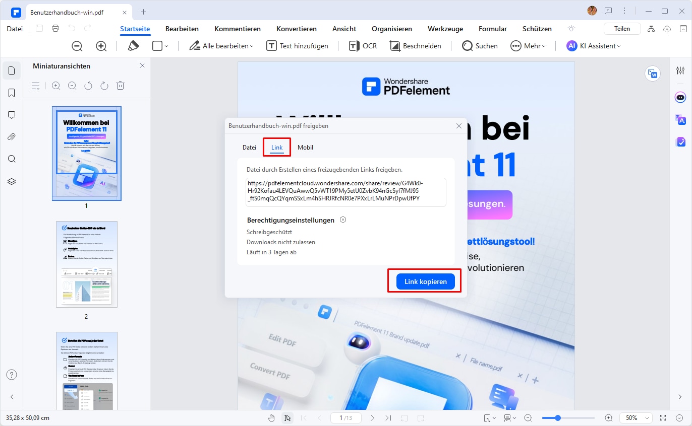 PDFelement generiert einen URL-Link für die PDF-Datei. Klicken Sie auf die Schaltfläche „Link kopieren“, und Sie können die PDF-URL mit anderen teilen.