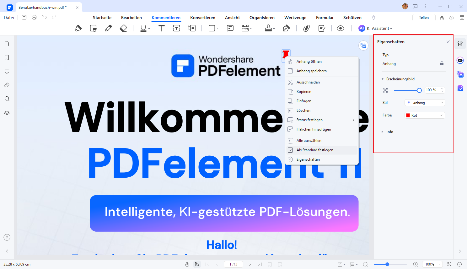 Sie können die Eigenschaften der PDF-Anlage anpassen, indem Sie mit der rechten Maustaste auf die Anlage klicken, einschließlich der Informationen und des Aussehens der Anlage, um Ihren Bedürfnissen gerecht zu werden, und speichern. 