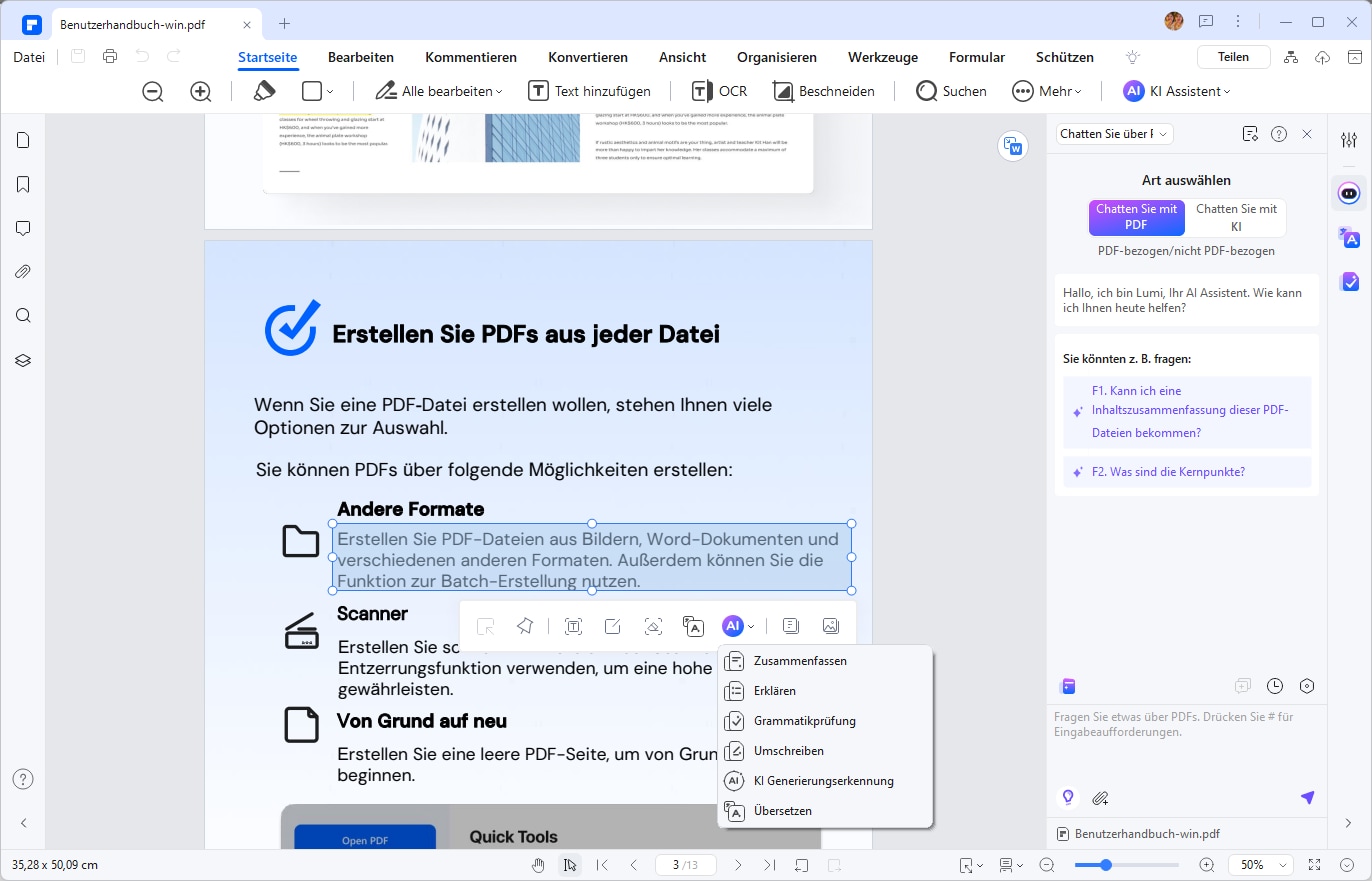 Sie können Ihr PDF-Dokument auch über die Registerkarte "Bearbeiten" bearbeiten. Hier können Sie Text und Bilder einfügen oder löschen, Schriftgröße oder -farbe ändern und vieles mehr. Weitere Informationen zum Bearbeiten von PDFs finden Sie hier.