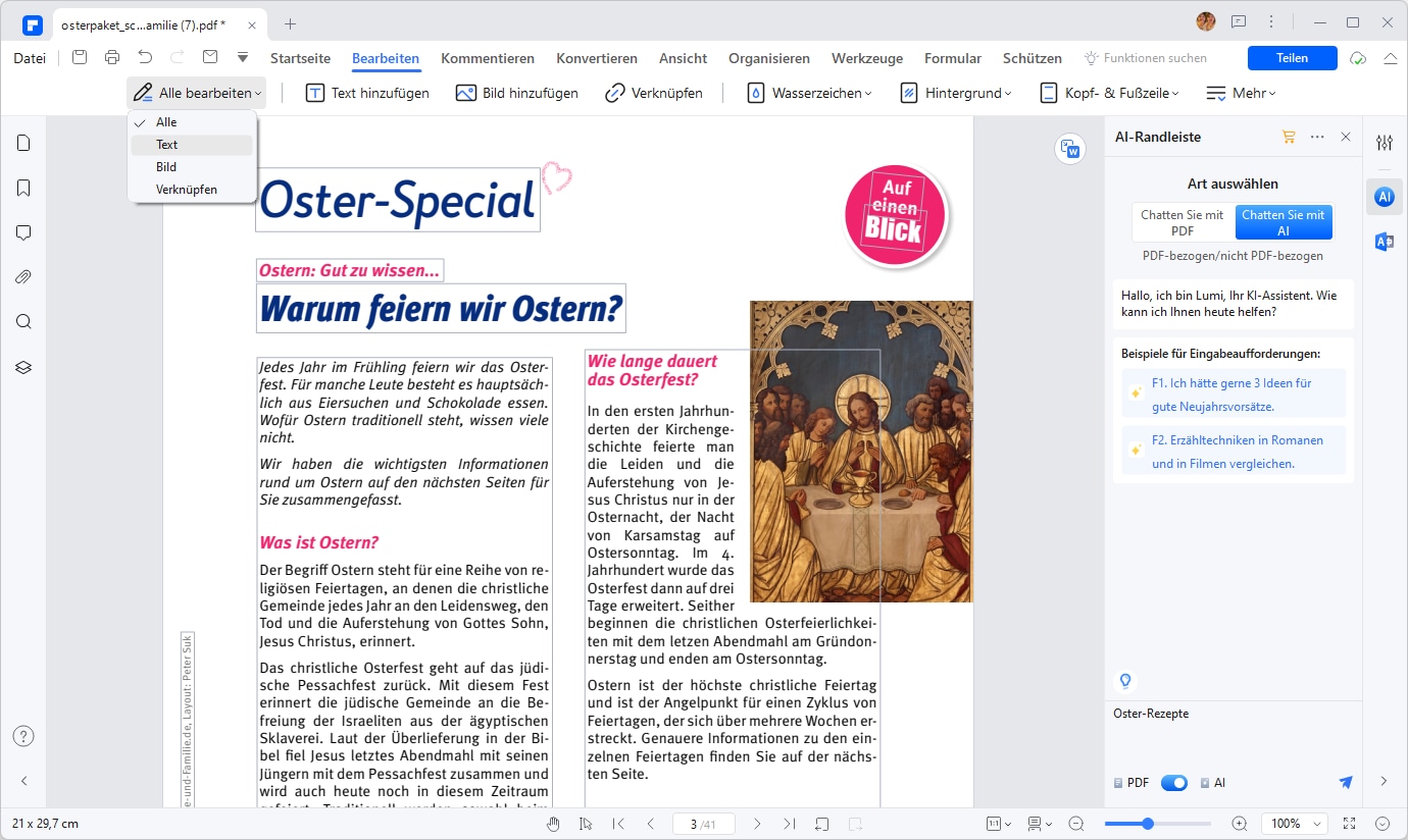 Durch Anklicken der Registerkarte "Bearbeiten" und des oberen Teils des Softwarefensters unterhalb des Dateinamens und anschließendes Umschalten des Bearbeitungsmodus auf "Text Bearbeiten" in der Symbolleiste unterhalb des Hauptmenüs gelangen Sie in den Bearbeitungsmodus.