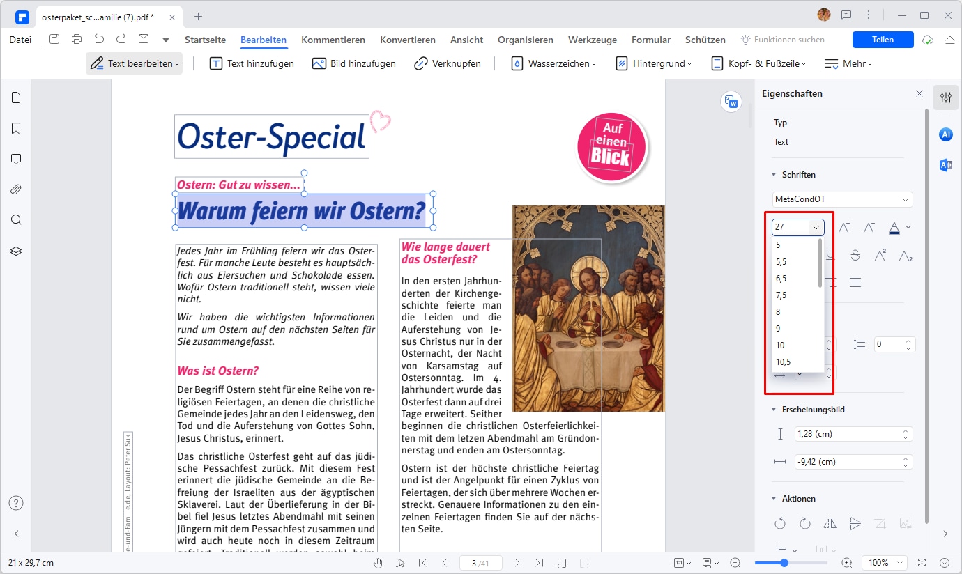 Die Schriftgröße kann durch einfaches Anklicken des "+"- oder "-"-Symbols im Bereich "Eigenschaften", der im rechten Toolfenster angezeigt wird, geändert werden. Die PDF-Schriftgröße kann auch durch Auswahl der Größe aus den Dropdown-Optionen geändert werden. Wie Sie sehen können, gibt es mehrere Schriftgrößen zur Auswahl.