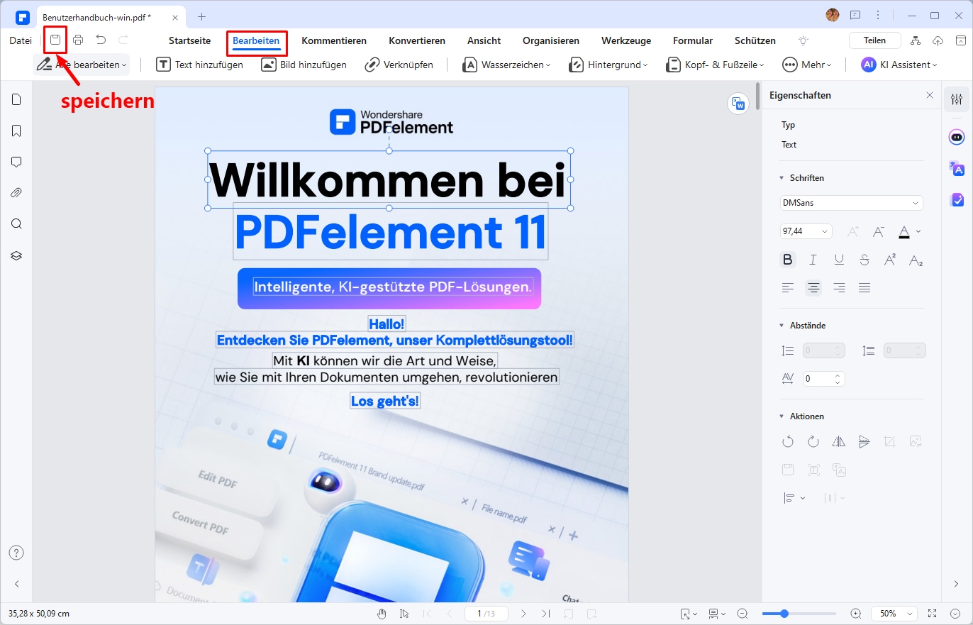 Sobald das Scannen in PDF abgeschlossen ist, wird die neu erstellte PDF-Datei automatisch geöffnet. Wenn Sie die PDF-Datei bearbeiten möchten, können Sie auf die Registerkarte "Bearbeiten" gehen oder einfach auf die Schaltfläche "Speichern" klicken, um sie zu speichern.