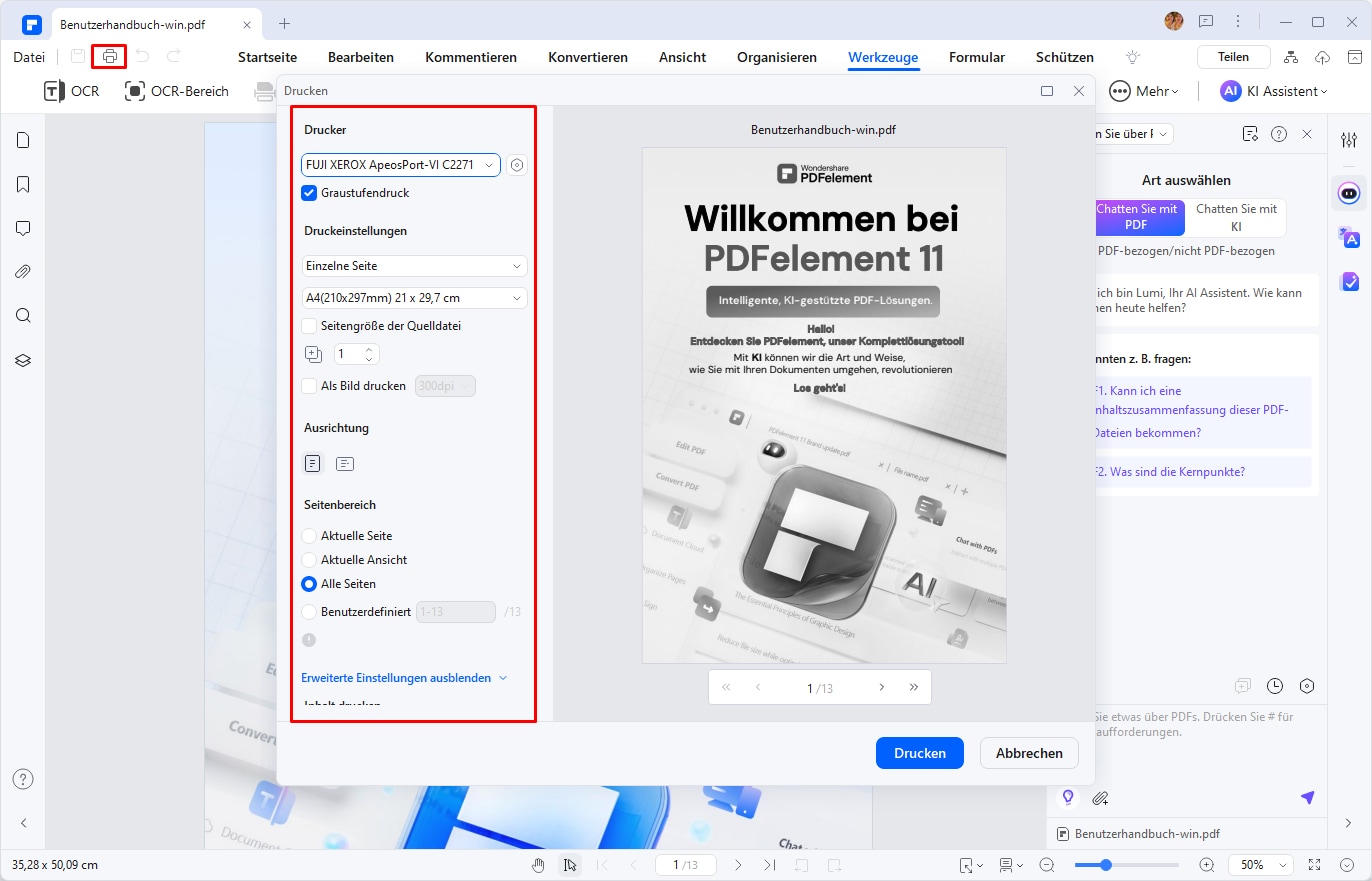 Sobald das zusammengeführte PDF-Dokument geöffnet ist, klicken Sie auf die Schaltfläche "Drucken". Geben Sie im daraufhin angezeigten Druckfenster die gewünschten Druckoptionen an. Und dann klicken Sie auf die Schaltfläche "Drucken". Auf diese Weise können Sie schnell und einfach mehrere PDF-Dateien drucken.