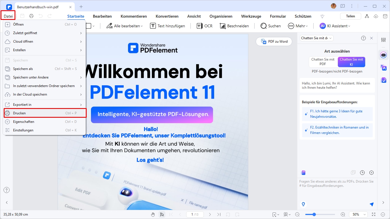 Sobald die PDF geöffnet ist, wählen Sie "Datei" und "Drucken".