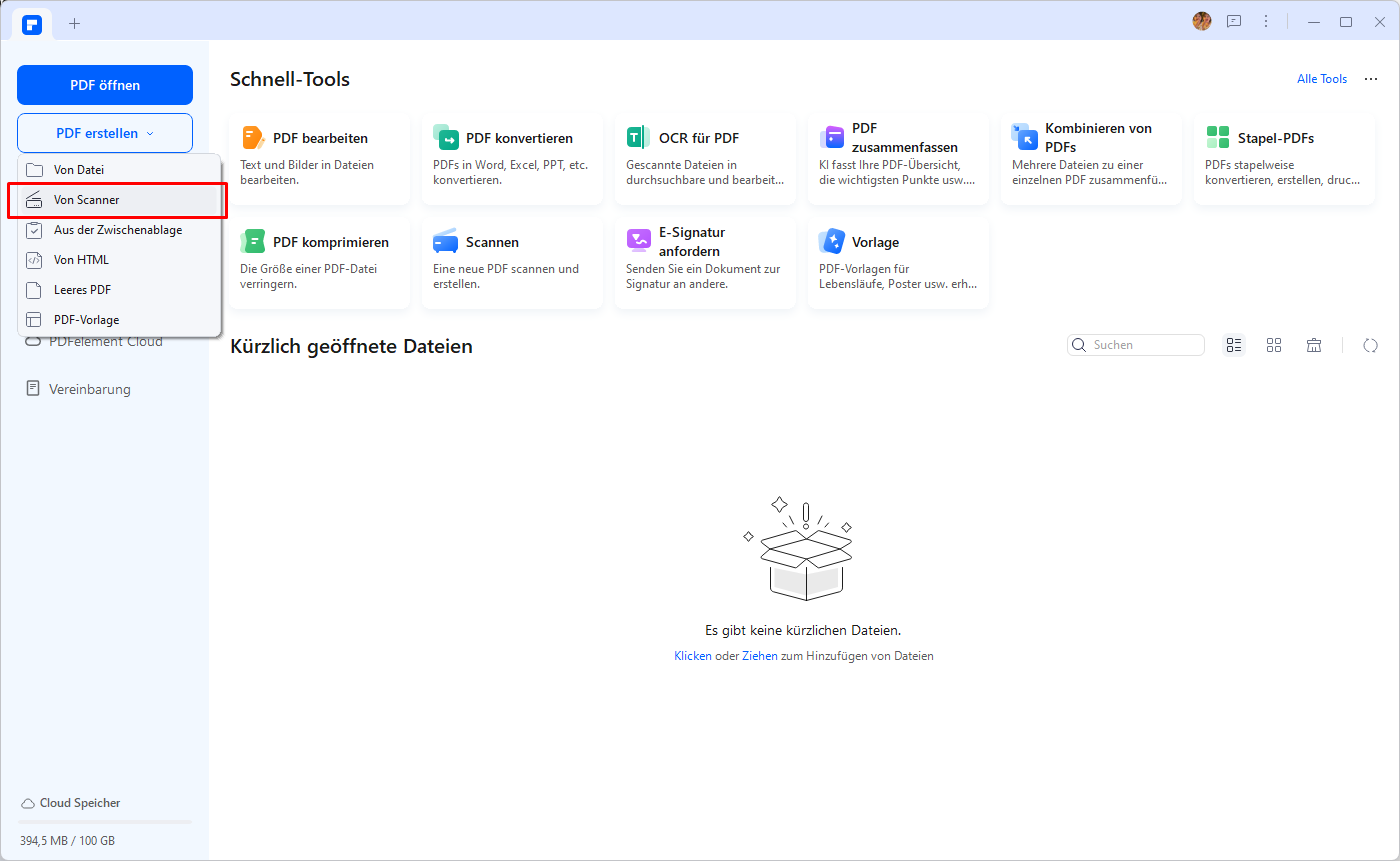 Klicken Sie auf die "PDF erstellen" Taste und wählen Sie "Von Scanner".