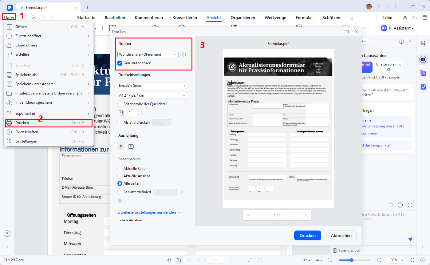 Wenn Sie ein XFA-Formular nicht öffnen können, können Sie XFA auch in PDF konvertieren. Öffnen Sie es in PDFelement, klicken Sie auf die Schaltfläche „Datei“ > „Drucken“ und wählen Sie „Wondershare PDFelement“ als Drucker zum Drucken. Es wird direkt ein neues normales PDF erstellt.