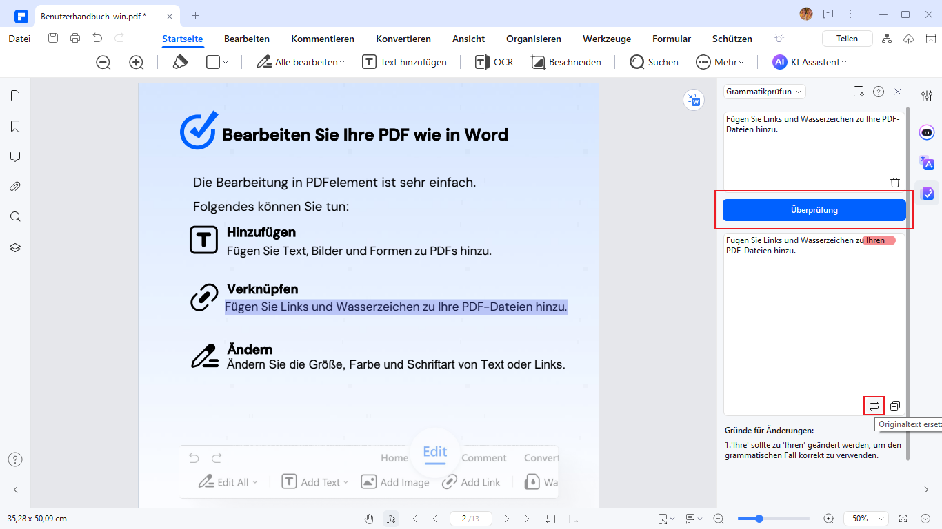 Wählen Sie "Grammatikprüfung von Absätzen". Kopieren Sie den Text, den Sie korrekturlesen möchten, und klicken Sie auf "Überprüfung". Lesen Sie die Vorschläge des KI-Assistenten und überarbeiten Sie Ihr Dokument. Nachdem die Erkennung abgeschlossen ist, können Sie unten auf das Symbol „Originaltext ersetzen“ klicken, um die überarbeiteten Sätze mit Grammatikfehlern automatisch in die PDF-Datei einzufügen.