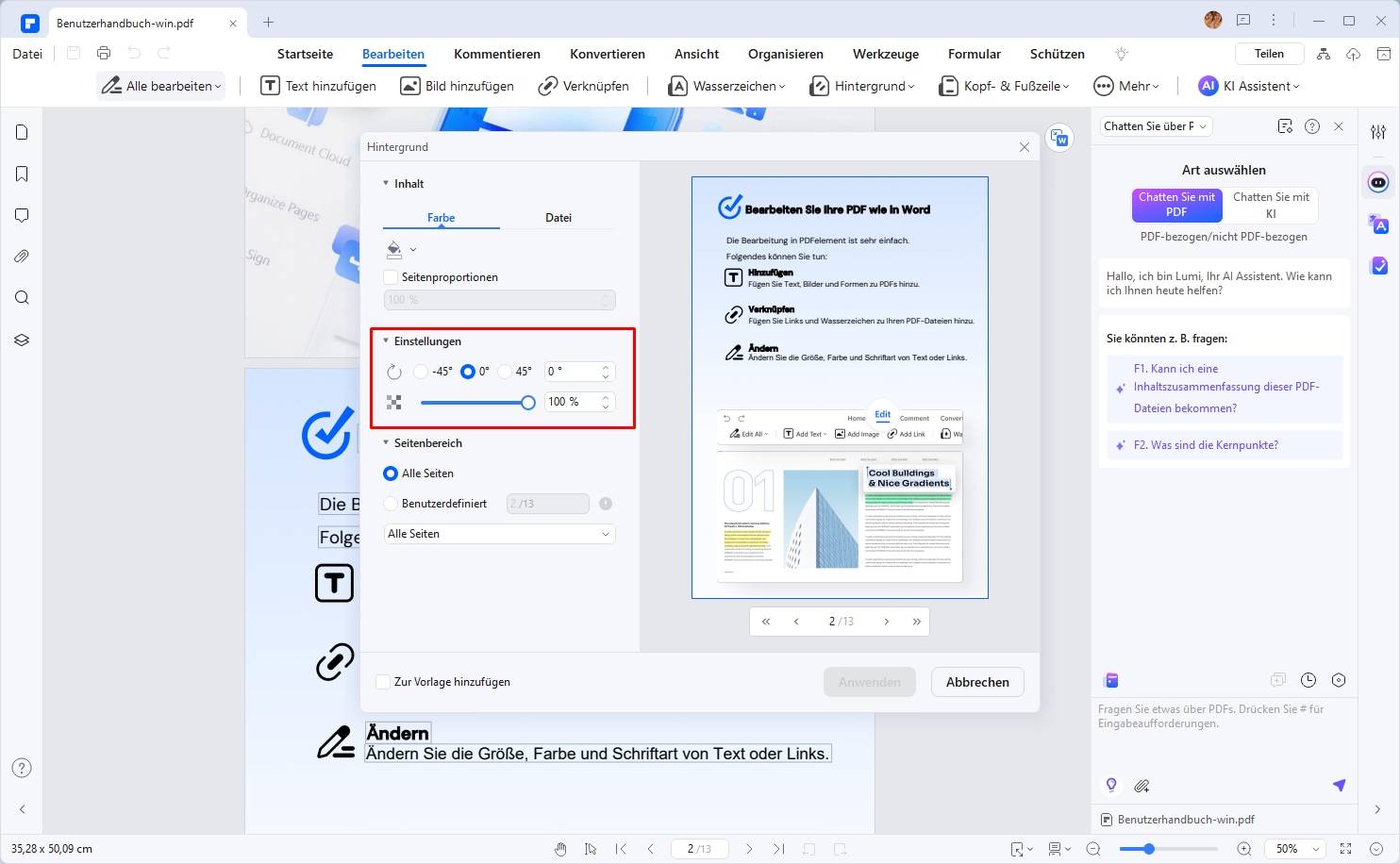 Dann können Sie den Hintergrund anpassen. Wählen Sie 0 % in der Option "Deckkraft". Danach wird der Hintergrund transparent.