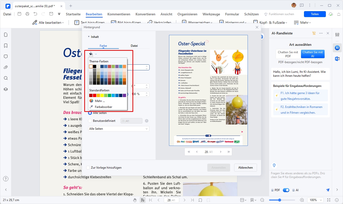 Öffnen Sie mit PDFelement die PDF-Datei, deren Hintergrundfarbe Sie ändern möchten. Wählen Sie in der oberen Menüleiste „Bearbeiten“ > „Hintergrund“ > „Hintergrund hinzufügen“. Passen Sie Ihre bevorzugte Hintergrundfarbe im Bereich „Hintergrund“ an, wie unten gezeigt.
