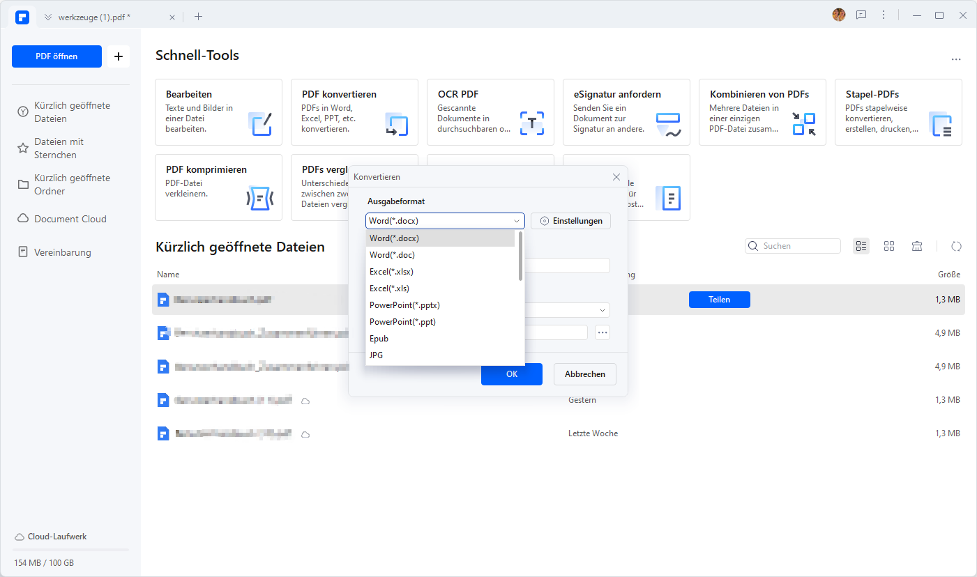  PDFelement kann Ihnen helfen, PDF in Word, in Excel oder in PNG/JPG oder in andere Dateiformate wie HTML, EPUB, Text und vieles mehr umzuwandeln. 