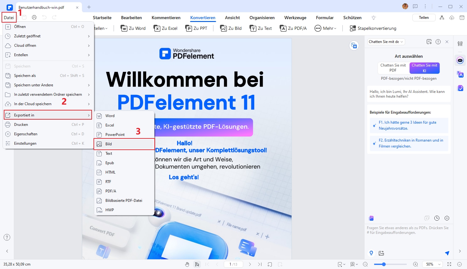 Alternativ können Sie den Converter auch starten, indem Sie Datei, Exportieren in, Bild wählen. Wenn Ihre PDF-Datei mehrere Seiten umfasst, erhalten Sie daher eine Menge Fotos.