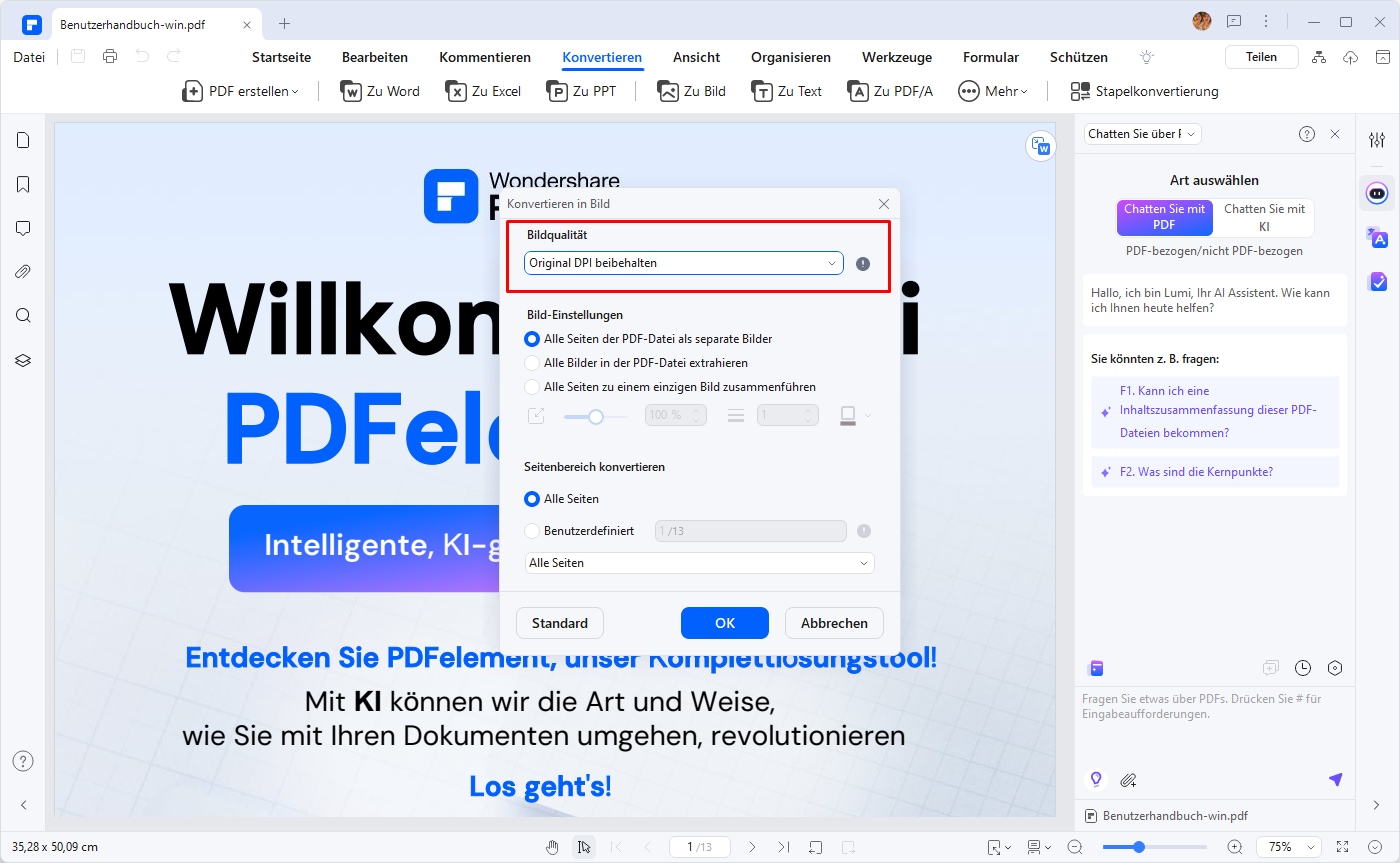 Wählen Sie das Einstellungen Symbol. Wählen Sie "PDF zu Bild" und stellen Sie die Bildqualität auf höhere dpi ein. Klicken Sie auf Anwenden. Klicken Sie also einfach auf die Speichern Schaltfläche. Dieser konvertiert die Datei und speichert sie im JPG-Format in hoher Auflösung.