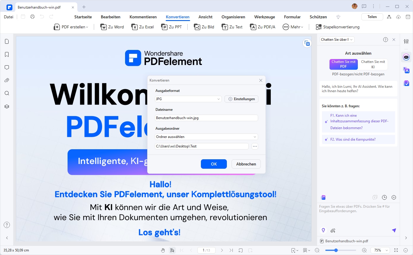 Wählen Sie Konvertieren, Zu Bild aus dem Menü. Wählen Sie das Bildformat, in dem Sie das PDF-Dokument exportieren möchten (z.B. JPEG oder PNG).  