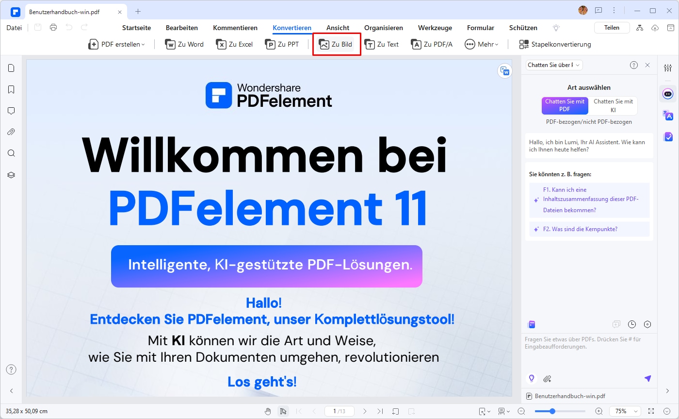 Gehen Sie auf die Registerkarte "Konvertieren". Klicken Sie auf "Zu Bild" und wählen Sie im neuen Popup-Fenster ein Bildformat wie .jpg, .png oder .tiff aus, um es direkt umzuwandeln.