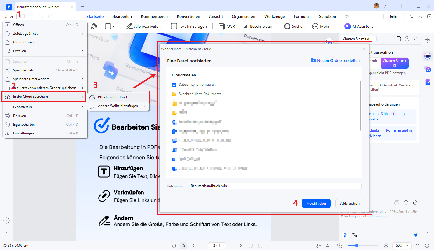 Öffnen Sie die gewünschte Datei mit PDFelement und wählen Sie Datei, In der Cloud speichern, PDFelement Cloud.