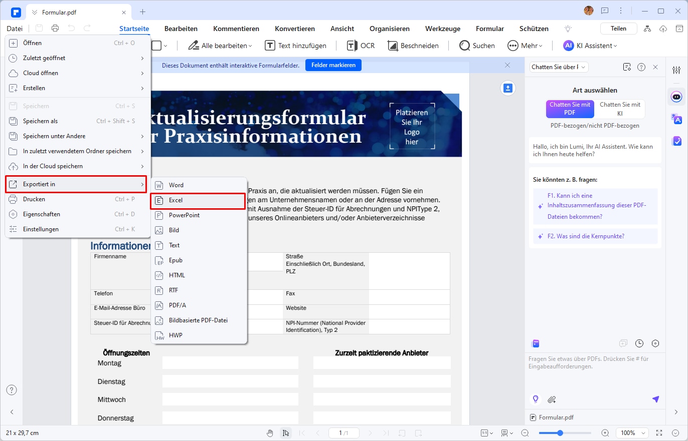 Wenn Sie die Datei natürlich weiterhin im Excel-Format speichern möchten, können Sie oben links auf „Datei“ > „Exportieren in“ > „Excel“ klicken.