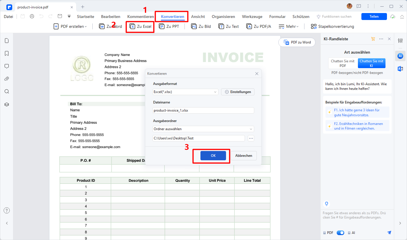 Dann klicken Sie im Tab "Konvertieren" auf die Option "Zu Excel". Ein Dialogfeld für die Excel-Konvertierung wird geöffnet. Passen Sie die Einstellungen für Ihr Excel-Dokument wie gewünscht an. Klicken Sie nun auf die Schaltfläche "Speichern", und PDFelement erstellt eine hochwertige Excel-Datei aus Ihrem gescannten Dokument.