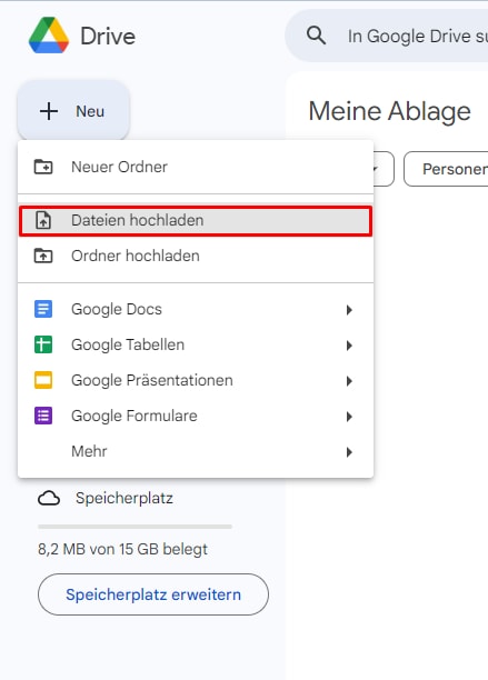 Klicken Sie auf die Schaltfläche Neu und wählen Sie "Datei hochladen" aus, um eine PDF-Datei aus Ihrem lokalen Speicher hochzuladen.