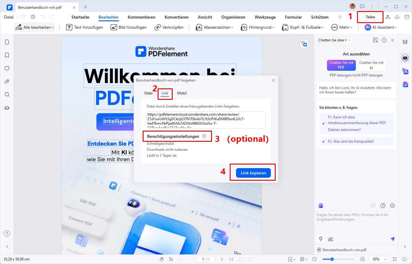 Öffnen Sie Ihre PDF-Datei im Programm und klicken Sie auf die Schaltfläche „Teilen“. Sie müssen sich bei Wondershare PDFelement Cloud anmelden. Sobald Sie sich anmelden, erhalten Sie 1 GB kostenlosen Cloud-Speicher.