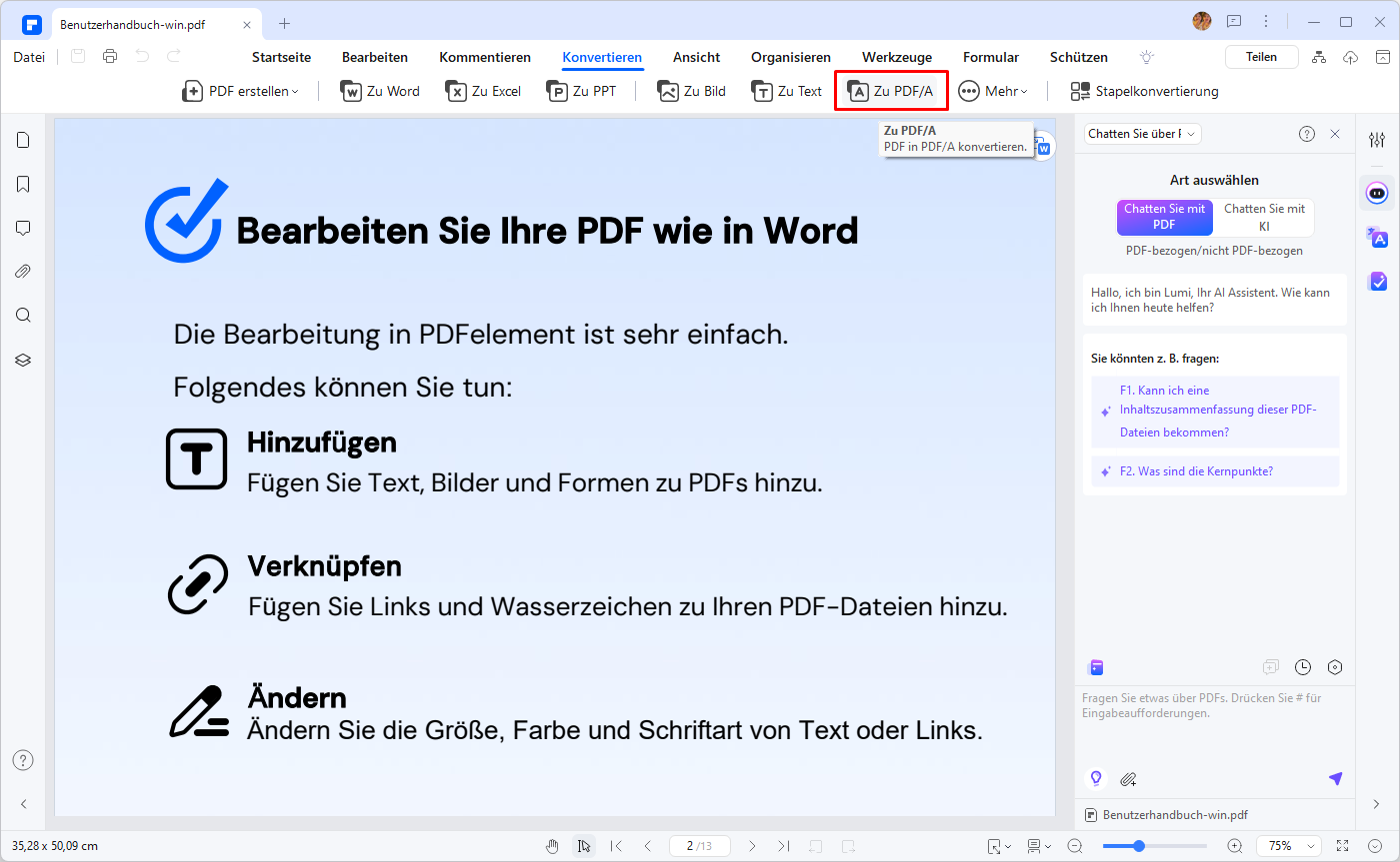 Klicken Sie anschließend in der Menüleiste auf „Konvertieren“ und dann auf „Zu PDF/A“. 