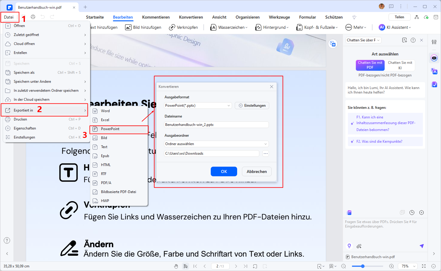 Nachdem Sie den Link in die PDF-Datei eingefügt haben und diese dennoch im PPT-Format speichern möchten, können Sie oben links auf „Datei“, „Exportieren in“, „PowerPoint“ klicken. Wählen Sie im Popup-Konvertierungsfenster den Ordner aus, den Sie speichern möchten, sowie andere Einstellungen und klicken Sie auf „OK“.