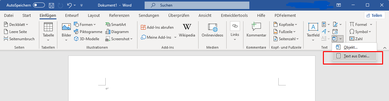 Gehen Sie sobald Sie dort, zum Textwerkzeugabschnitt und drücken Sie das Objektsymbol. Sie können Informationen zu Ihrem Wort Doc hinzufügen, indem Sie "Text aus der Datei" aus der Dropdown-Leiste auswählen.