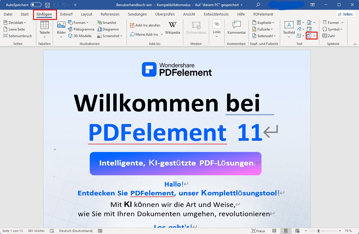 Nach Fertigstellung wird das Symbol für Ihr PDF Dokument in Ihrer Worddatei angezeigt.