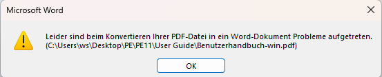 In den meisten Fällen wird die folgende Warnung angezeigt, die darauf hinweist, dass die PDF-Datei nicht konvertiert werden kann, was bedeutet, dass die PDF-Datei oder das Bild nicht in Word geöffnet werden kann überhaupt. 