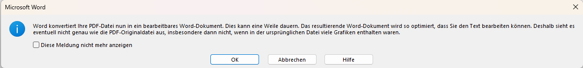 Word kann PDF automatisch in bearbeitbaren Text umwandeln. Die Anwendung wird Sie auffordern, das Dokument zu bearbeiten, wie in der Abbildung oben gezeigt. Sie können auf OK klicken, um zu starten.