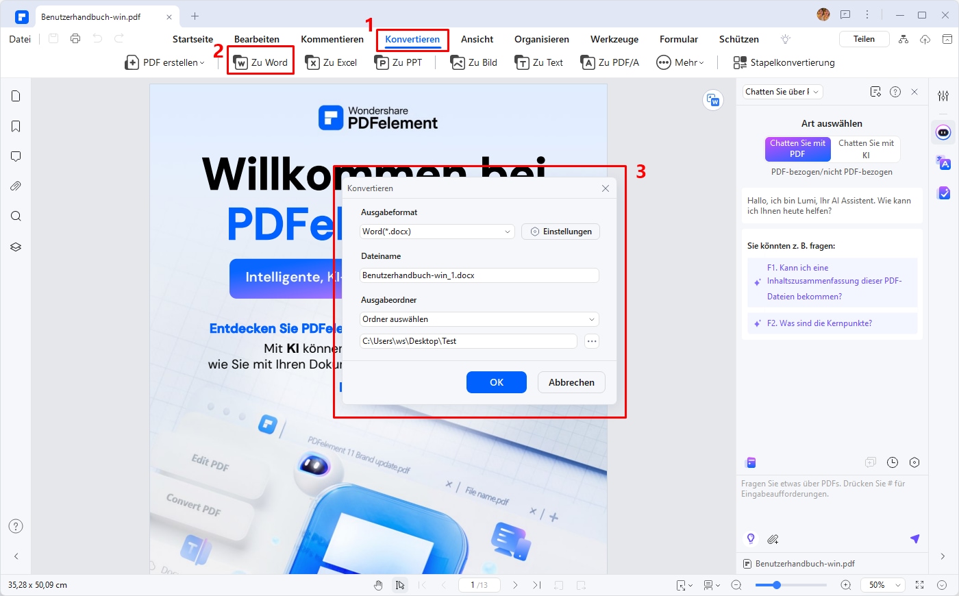 Auf der Registerkarte "Konvertieren" können Sie auf die Schaltfläche "Zu Word" klicken, um dieses PDF-Bild direkt in eine Word-Datei zu exportieren. Nach der Umwandlung können Sie das konvertierte Word-Dokument direkt im Ausgabeordner öffnen.