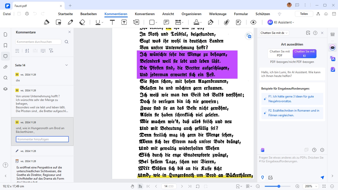 Wählen Sie die Schaltfläche „Kommentar“ auf dem linken Panel aus, um auf das Kommentarpanel zugreifen, das die Details enthält, während das Dokument auf der Plattform geöffnet wird.