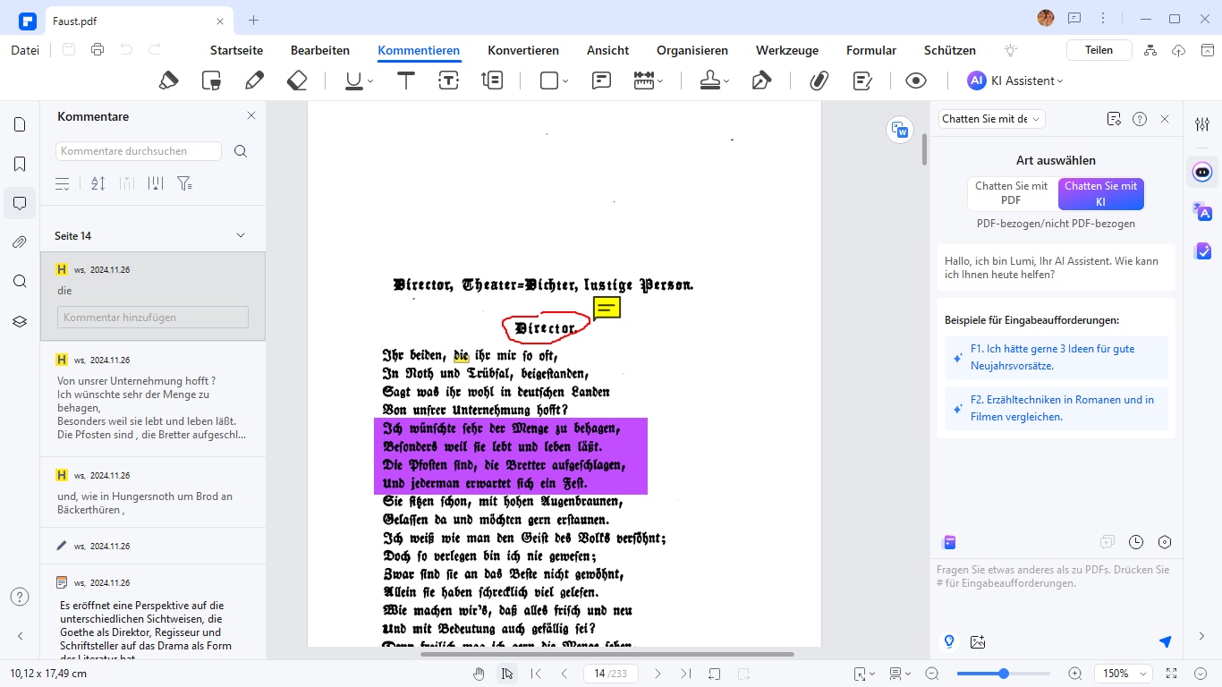 Klicken Sie einfach auf die "Kommentieren" auf der PDF-Seite doppelt, um auf die Symbolleiste der Kommentare zugreifen und den Inhalt der Kommentare zu lesen.