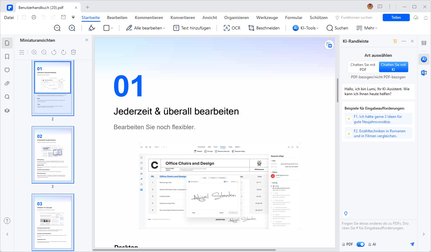 Sie können den Bereich "Miniaturansichten" verwenden, um die Seiten Ihrer PDF-Datei neu anzuordnen. Greifen Sie auf den linken Bereich des Fensters zu und tippen Sie auf das Symbol "Miniaturansichten". Wenn der Abschnitt geöffnet ist, können Sie eine beliebige Seite auswählen und an die gewünschte Position ziehen.